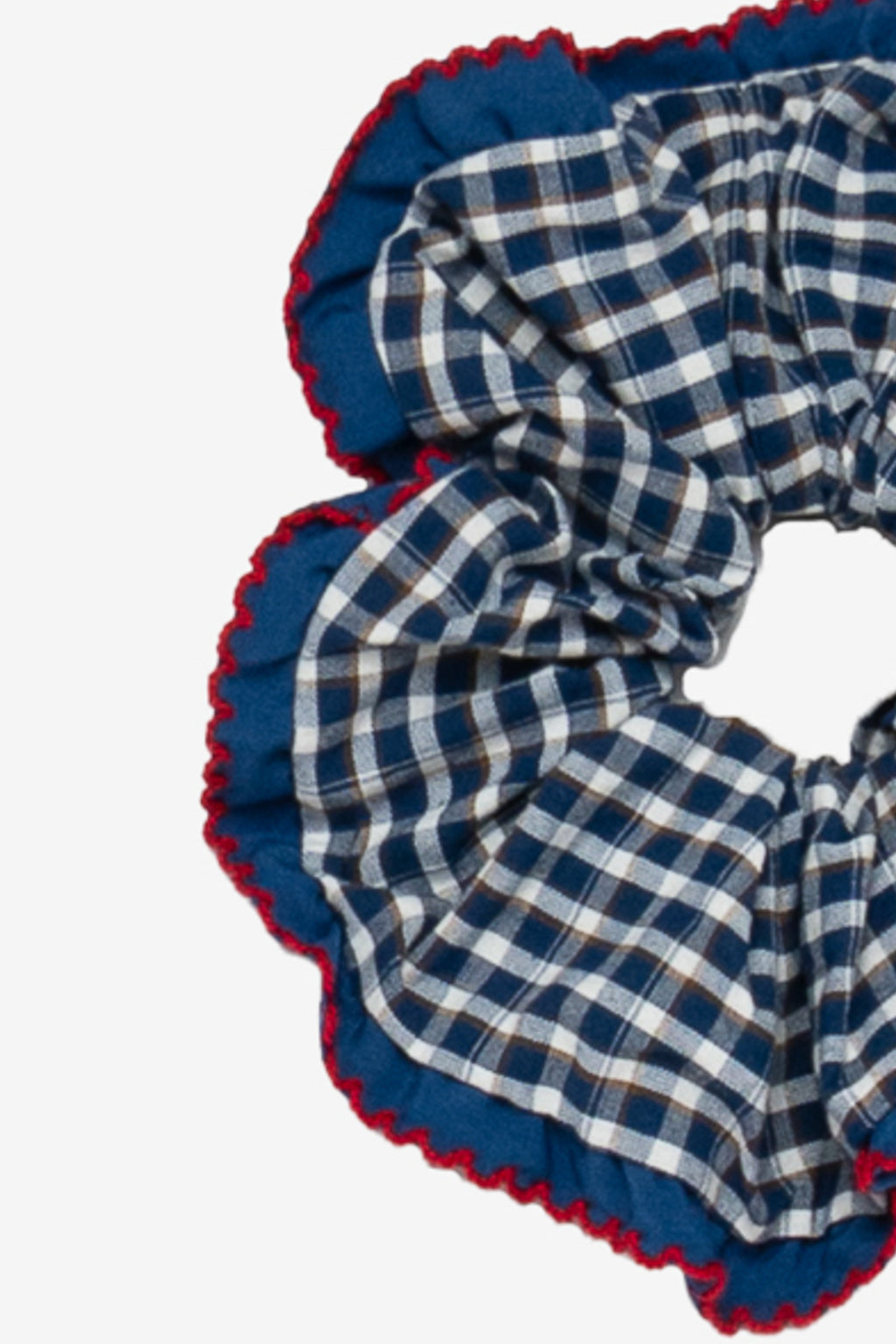 Blue and white checkered scrunchie with red trim