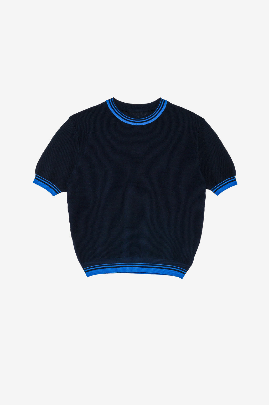 Navy short-sleeve shirt with blue strips detail