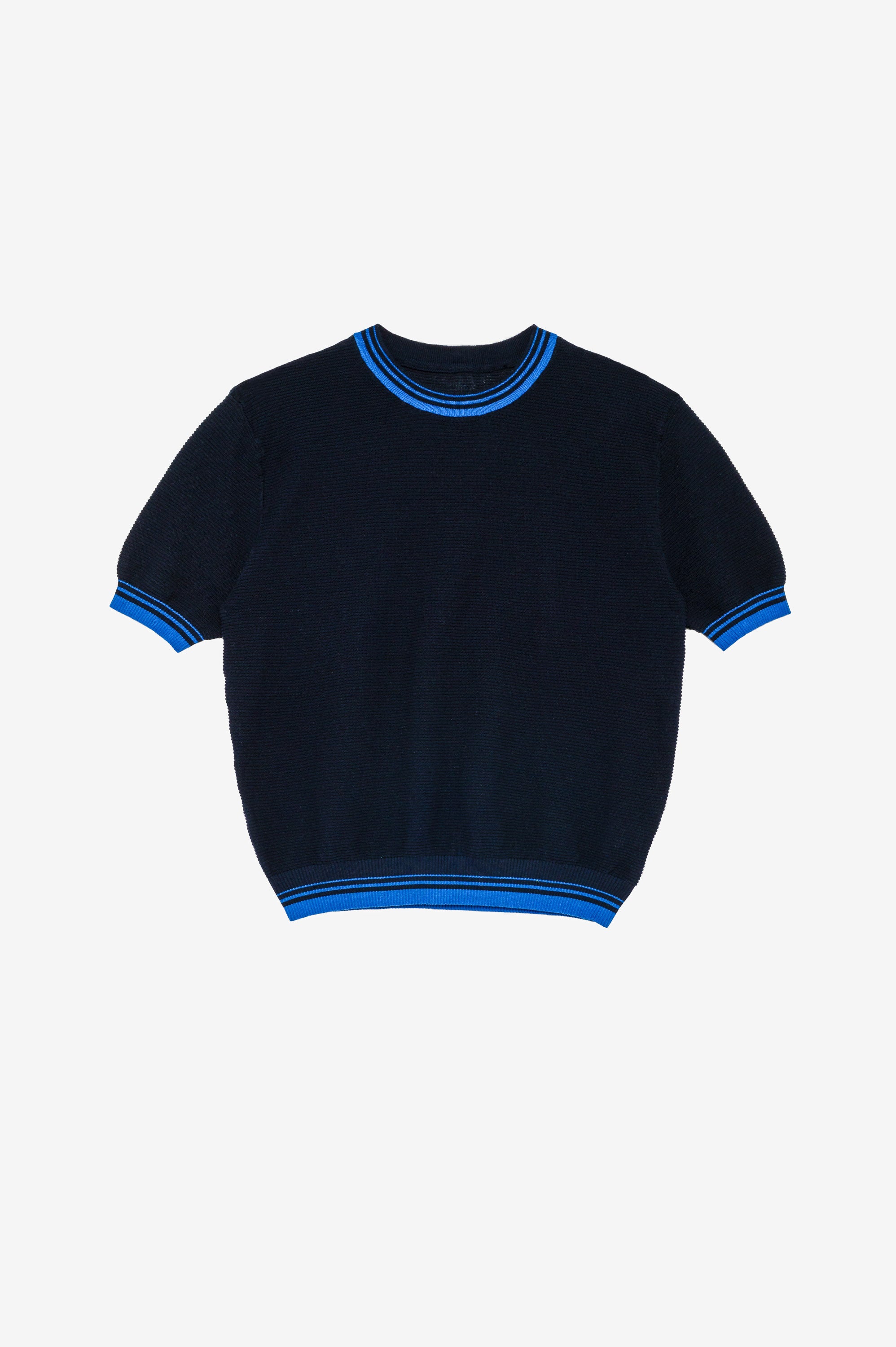 Navy short-sleeve shirt with blue strips detail