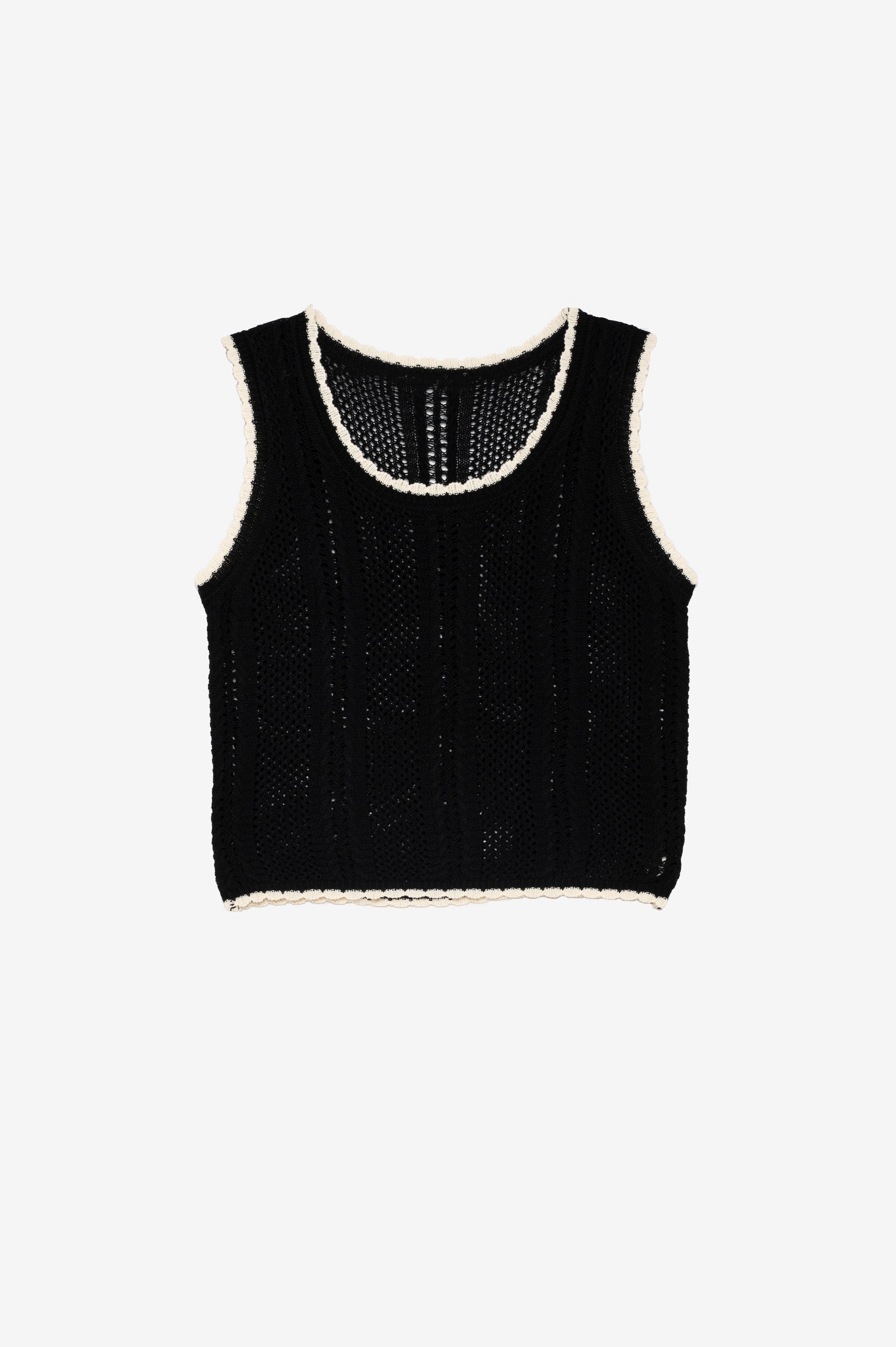 Black sleeveless top with white trim