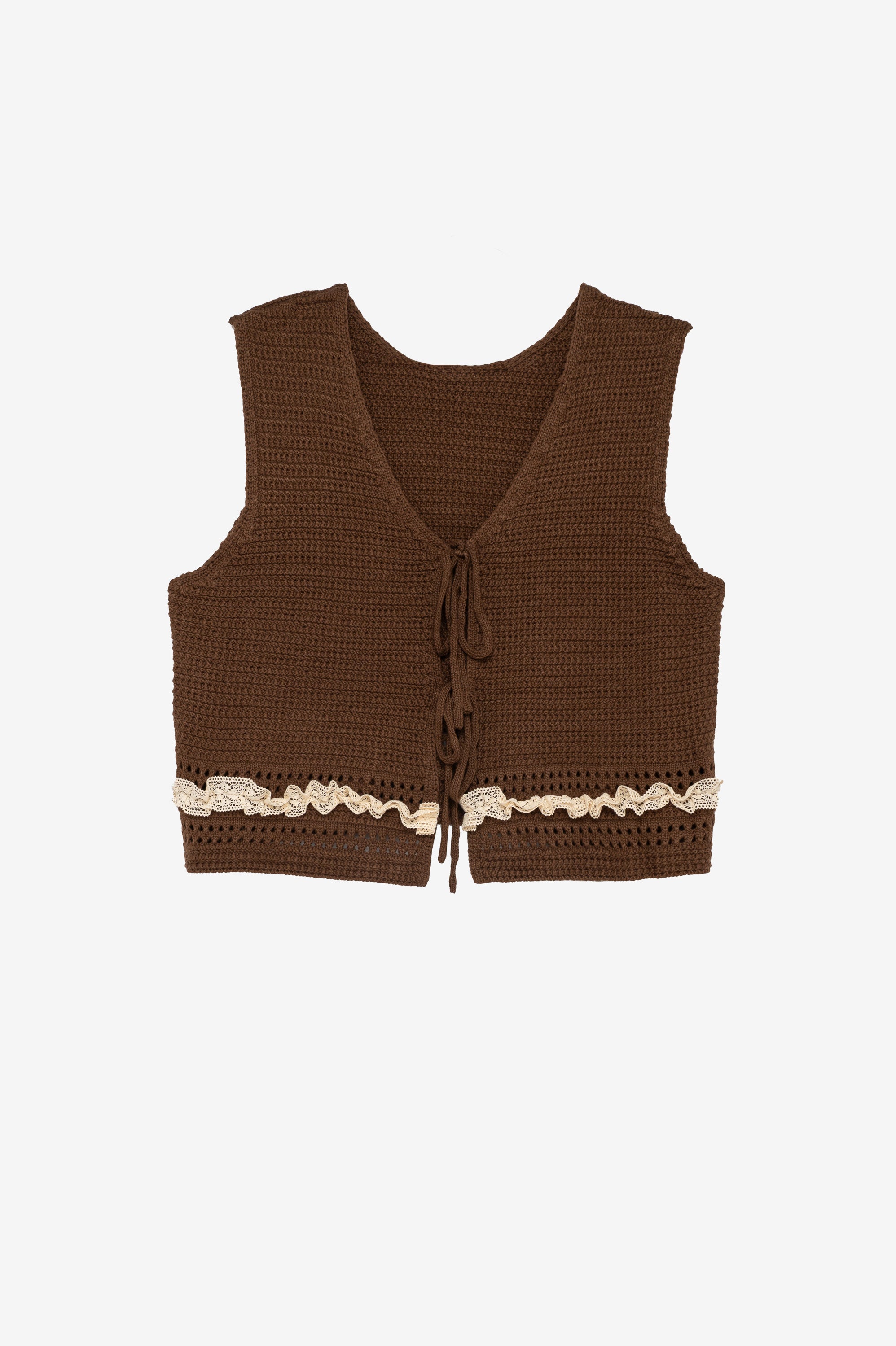 Brown knit vest with lace trim