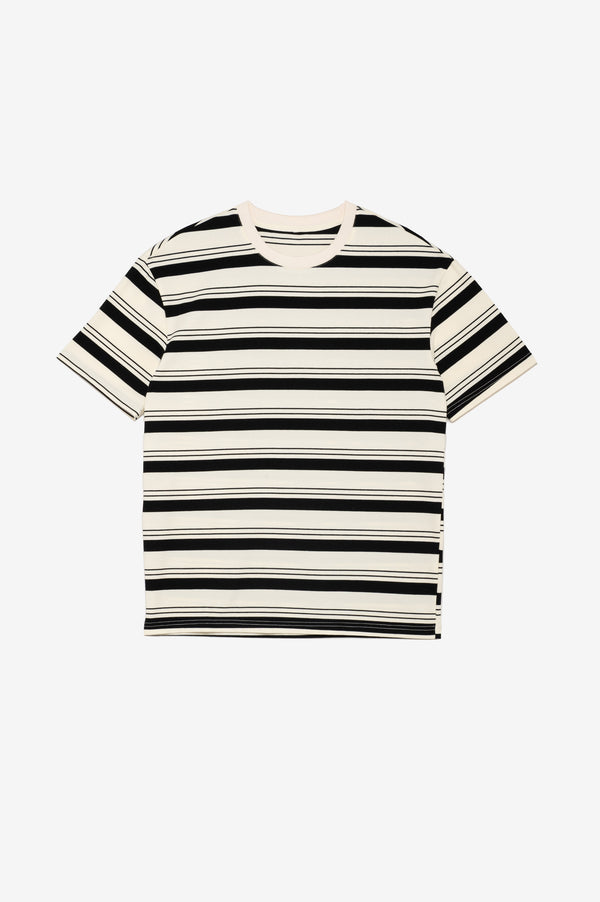 Black and white striped t-shirt.