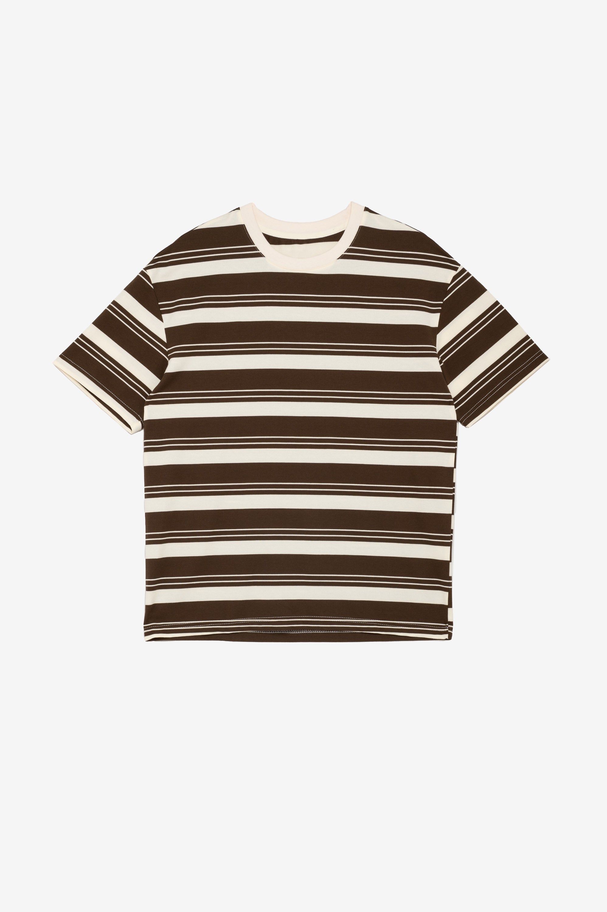 Striped t-shirt with brown and white horizontal stripes.